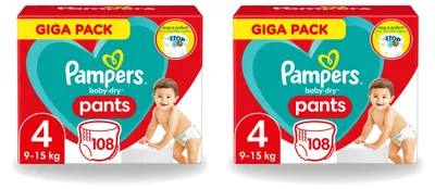 Zdjęcie produktu dla 2 sztuki pieluchomajtki Pampers Baby-Dry, rozmiar 4, 9-15 kg - opakowanie ekonomiczne