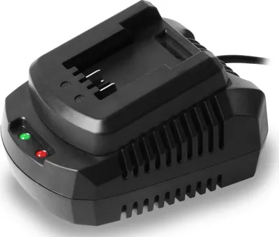 A black battery charger for power tools is shown against a white background.