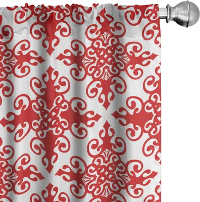 Obrázek produktu pro ABAKUHAUS červené závěsy, záclony, westernový styl, květinový motiv, vířící linie, antický královský ornament s rámečkem, 2 kusy, 75 x 225 cm, bílá a červená