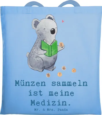 Produktbild von Mr. & Mrs. Panda Tote Bag Koala Münzen sammeln - Sky Blue - Geschenk, Einkaufstasche, Jutebeutel, Laptoptasche, Jutetasche, Numismatik, Tasche, aus Aller Welt