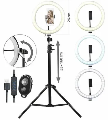 Image de Anneau lumineux LED Ø 26 cm avec support pour smartphone et trépied