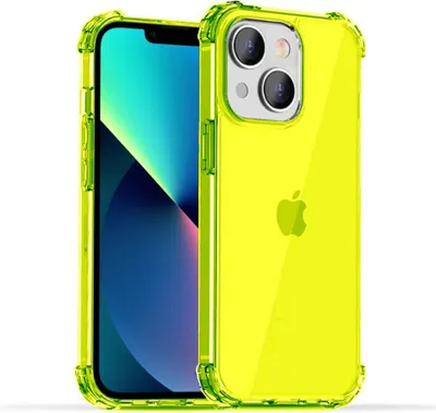 A neon yellow iPhone 13 case with a transparent back is shown against a white background. The phone is partially visible inside the case.
