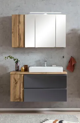 Produktbild von Badmöbel-Set >Paris< (2-tlg.) in grau / Wotaneiche-Nachbildung - 105x195x47cm (BxHxT)