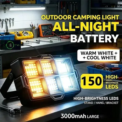 Produktbild von Solar-LED-Arbeitsleuchte mit 150 LEDs, 100 W, 3 Lichtmodi, Magneten und Powerbank-Funktion, 2Pcs