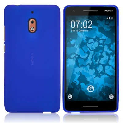 A blue Nokia phone case and the phone itself are shown side-by-side against a white background.