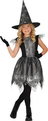 Produktbild von Hexen Kostüm Kinder Halloween Hut Kleid Silber Spinnennetz Design Geheimnisvolle Hexe Zauberhafte Nacht Elegante Gruselparty Magische Atmosphäre Verhexte Finsterwelt Kostümidee Klassischer Stil, Größe: 98/104 Farbe: Silber