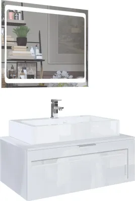 Produktbild von Vladon Waschtisch Waschbecken Unterschrank Aloha V2,  Germany, Korpus in Weiß matt / Fronten in Weiß Hochglanz mit Absetzungen in Weiß Hochglanz, mit Aufsatzwaschbecken, Armatur (M1) und LED Spiegel