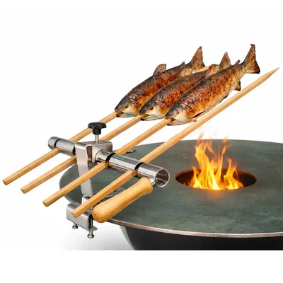 Produktbild von Steckerlfisch Halter für Grillplatten mit 4 Holzspießen