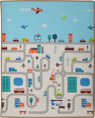 A colorful play mat depicting a city scene with roads, buildings, vehicles, and airplanes.