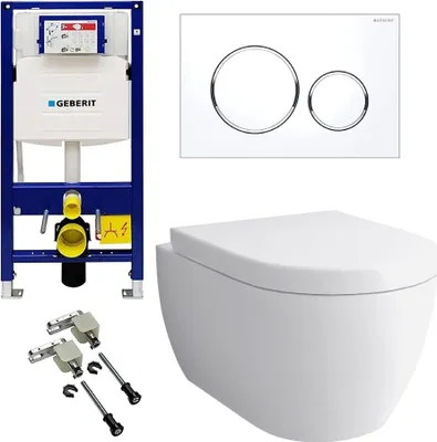 A collage of a wall-hung toilet set, including the toilet bowl, a concealed cistern with mounting frame, a flush plate, and mounting hardware.