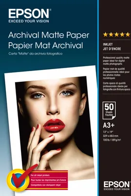 Zdjęcie produktu dla Epson Archival - Matowy - Super A3/B (330 x 483 mm) - 192 g/m² - 50 arkuszy - do SureColor SC-P700, P7500, P900, P9500, T2100, T3100, T3400, T3405, T5100, T5400, T5405