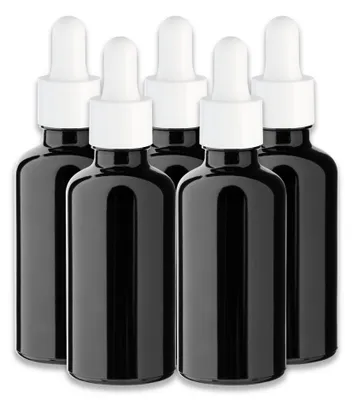 Produktbild von 5x Schwarze Glasflasche 50 ml mit weißer Pipette – Tropfflasche