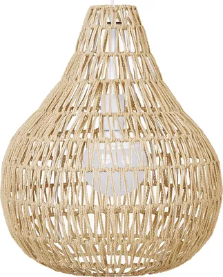 A close-up view of a beige woven pendant light.
