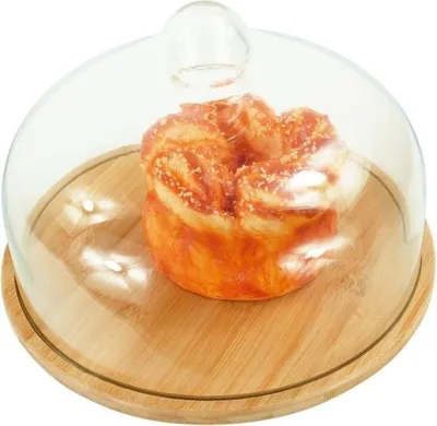 Immagine prodotto di Alzata per dolci in bambù con coperchio in vetro: mantiene freschi i dolci