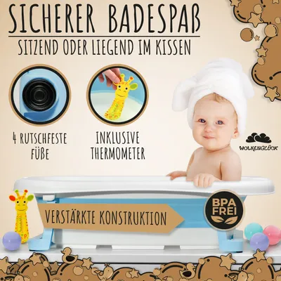 Produktbild von WOLKENGLÜCK® Faltbare Babybadewanne [50 Liter] - Platzsparende Baby Badewanne inkl. Thermometer, 4 Spielbällen & extra weichem Badekissen - Hochwertige Badewanne für Babys - BPA-frei