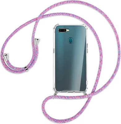 Produktbild von Handykette Backcover-Schutzhülle mit Band (Metall silberfarben) für Oppo A7 / AX7 - lila/rosa/blau