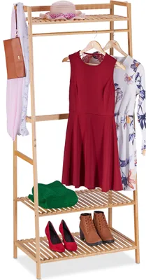 Obrázek produktu pro Věšák na oblečení Relaxdays z bambusu, rozměry: 164 x 78 x 42 cm, tyč na oblečení se 3 odkládacími policemi, 2 háčky, volně stojící věšák, přírodní