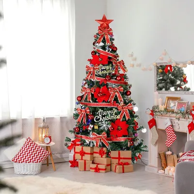 Produktbild von 210cm, künstlicher Weihnachtsbaum, 1100 Zweige, PVC-Material, mit rotem Dekoband, Metallfuß, Weihnachtsdekoration