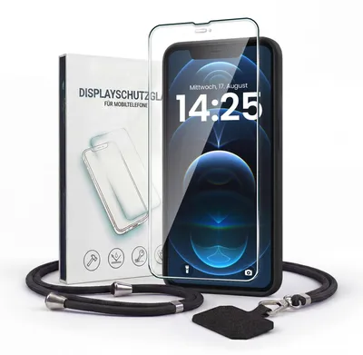 Produktbild von Handyhülle für Apple iPhone 12 Pro Max mit Handykette und 9H Displayglas Displayschutz Band Kordel Hülle Case Schutzhülle Schwarz