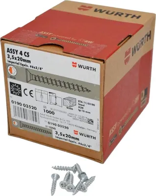 Produktbild von Würth Assy 4 CS Spanplattenschraube 3,5x20mm, 1000 St/Pack, Stahl verzinkt, Vollgewinde, Senkkopf RW 20