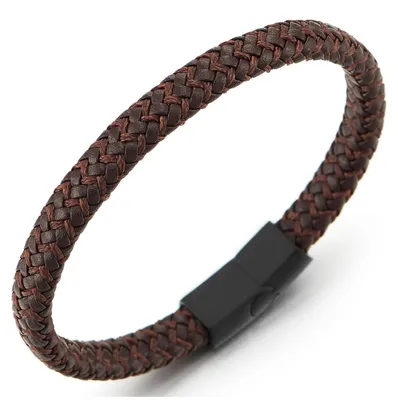 Productafbeelding van Solidchoice - Gevlochten Bruine Leren Armband met Matte Zwarte Sluiting