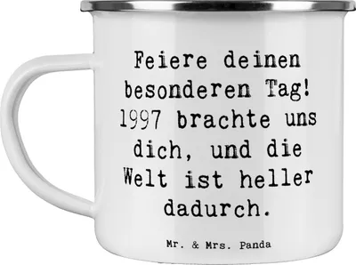 Produktbild von Mr. & Mrs. Panda Teetasse Spruch 1997 Geburtstag - Weiß - Geschenk, Geburtstagsfeier, Liebe und Dankbarkeit, Haferl, Emaille Tasse, Teebecher, Alter, Pott, Kaffeepott