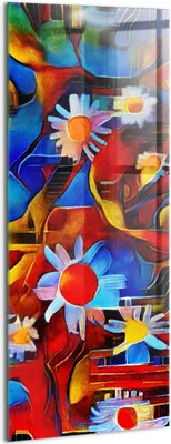 Produktbild von Designer Glasbild - Wandbild - Glas Bild - 50x125 cm - Kubismuskunst - Bunte Blumen
