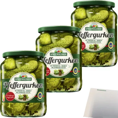Produktbild von Spreewaldhof Pfeffergurken mit frischem Dill Zwiebeln und schwarzem Pfeffer 3er Pack (3x670g Glas) + usy Block