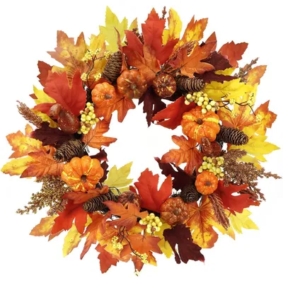 Immagine prodotto di artificiale autunnale da 50 cm, con zucche, foglie d'acero e bacche, decorazione per porte e pareti, adatta per il Ringraziamento e il Natale, color arancione