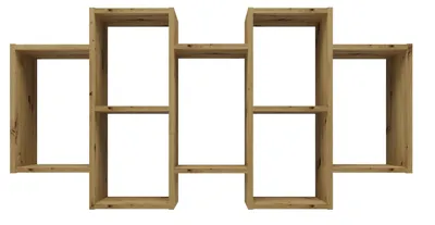 A wooden wall shelf unit with multiple compartments.