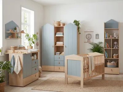 Produktbild von Babyzimmer Set Roofy 6-tlg. Kleiderschrank 2-türig, Wickelkommode. Babybett, Wand-/Standregal, Umbauseiten
