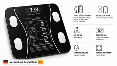 Produktbild von KANDONEX Personenwaage digital Körperwaage Körperfettwaage mit App 180 kg 0,1 kg Körperfettanalyse mit App, 0,1 kg, LCD-Display aus Glas, KI-generiertes Bild