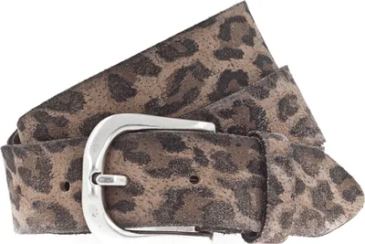 A close-up shot of a leopard-print belt with a silver buckle.