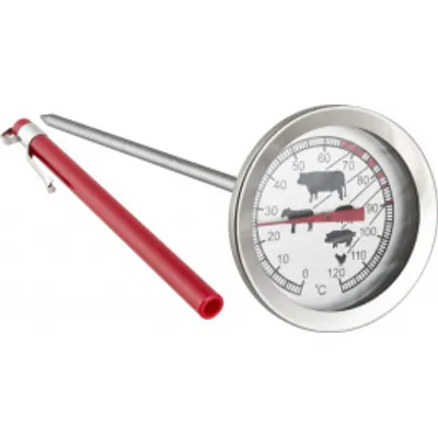 A close-up, angled shot of a stainless steel meat thermometer with a red handle.