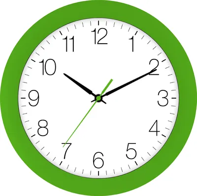 A green wall clock with black hands and numbers on a white background.