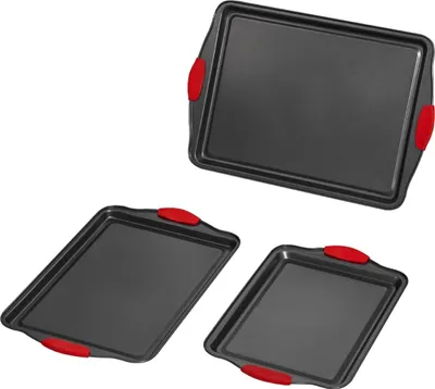 Immagine prodotto di Set di teglie da forno Acciaio al carbonio antiaderente con manici in silicone, 3 pezzi