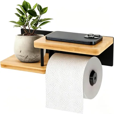 Image de Porte-rouleau de papier toilette en bambou et en acier, sans perçage