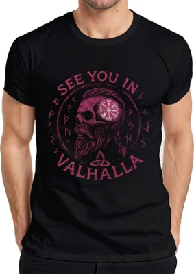 Produktbild von Wikinger Schädel Vegvisir Runen Dreiknoten See you in Valhalla Herren T-Shirt, Schwarz, S