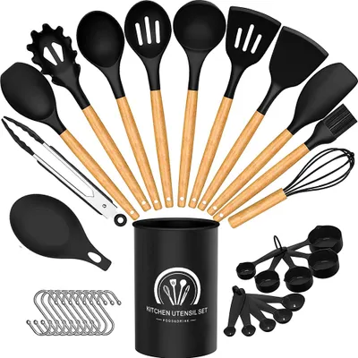 Produktbild von Silikon Kochgeschirr Set, Küchengerät 34 Stück Küchenhelfer Set, Antihaft Hitzebeständiger Silikonspatel Set, Küchenutensilien mit Hochwertige Holzgriffe Schwarz
