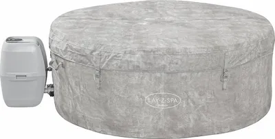 A round, inflatable hot tub covered with a gray fabric cover, with a separate control unit attached to the side.