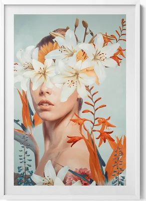 Produktbild von Abstrakte Frau mit Blumen– Wandbild mit Rahmen – Gerahmtes Bild  – Wanddekoration – 70x100 cm –  Weiß Rahmen