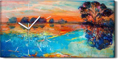 Produktbild von Wanduhr Leinwand Bild Uhr Geräuschlos 60x30 Landschafts Wasser See und Baum - weiße Hände