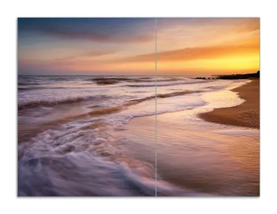 Produktbild von Wallario Herdabdeckplatte aus Glas, Größe 70 x 52 cm 2-teilig, Motiv Sonnenuntergang am Strand - Abendspaziergang