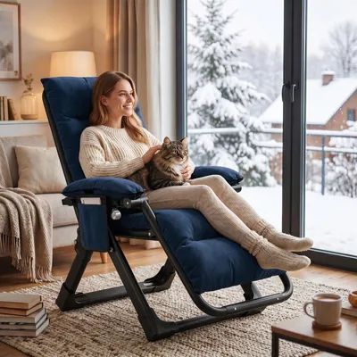 Image de Transat pliable, supportant jusqu'à 200 kg, avec coussin en velours. Chaise relax inclinable, idéale pour l'intérieur, l'extérieur, les balcons et les jardins. Couleur : bleu foncé