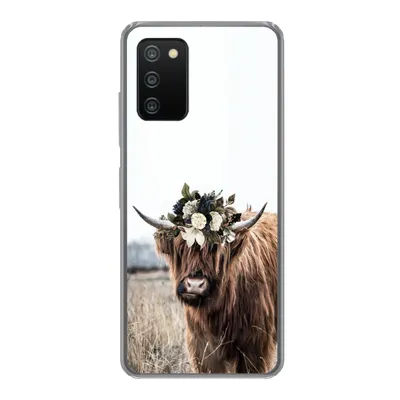 Produktbild von MuchoWow® Handyhülle Schutzhülle Hülle für Samsung Galaxy A03s Schottischer Highlander - Blumen - Tiere Silikon Softcase Handy Hülle - Schutz
