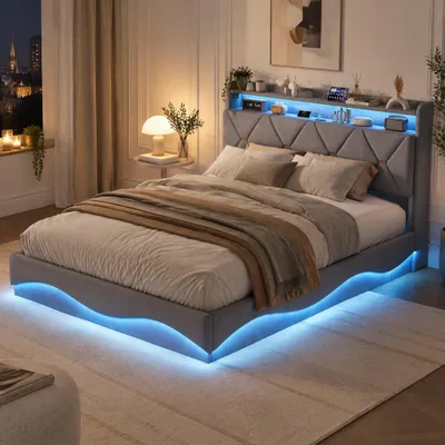 Produktbild von INONEFT Polsterbett 160x200 cm mit LED Beleuchtung und USB Anschlüsse, Hydraulisches Stauraumbett, Jugendbett mit Stauraum Kopfteil, Samt Grau