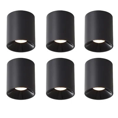 Six black cylindrical LED ceiling lights are arranged in two rows of three against a white background.