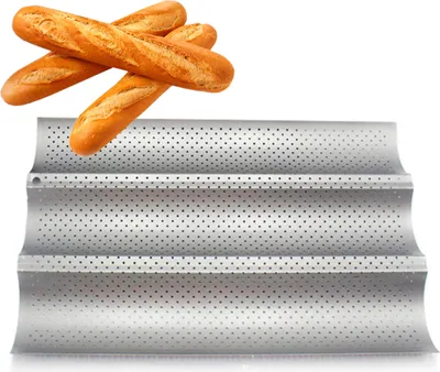 Image de Plaque à baguette argentée 3 alvéoles 38 x 24,5cm, avec bon revêtement antiadhésif & brunissage uniforme grâce à une conduction thermique optimale