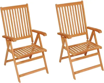 Produktbild von 2er-Set klappbare Gartenstühle aus massivem Teakholz mit blauen Kissen und verstellbaren Rückenlehnen