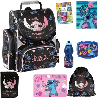 Produktbild von Schulranzen für Jungen und Mädchen, 8er-Set - Schul-Rucksack für Kinder mit Federmäppchen - Schuhbeutel und Hausaufgabenheft - Stitch Motiv